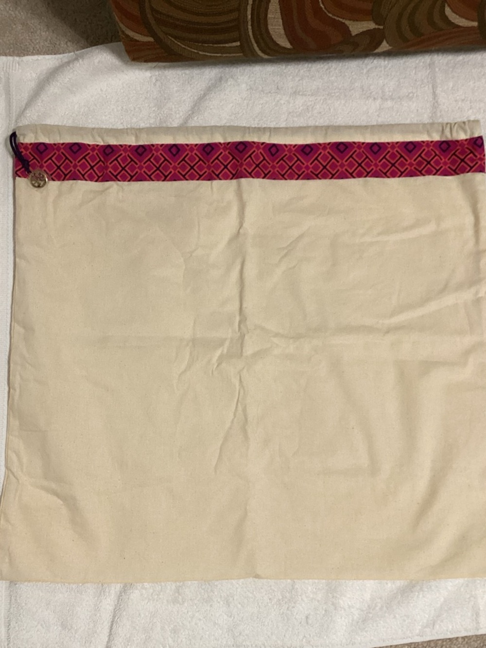 Tory Burch Cream Canvas Dust Bag with Pink Logo-Pattern Trim